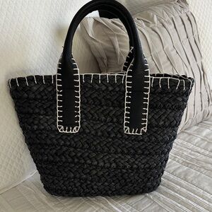 Navy Woven Tote Bag with White Stitching